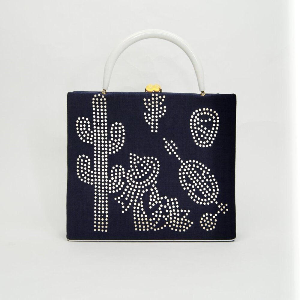 RARE Vintage Handbag 1940 1950 Blue Top Handle Studded Cactus Mexican Purse Bag - Picture 3 of 17